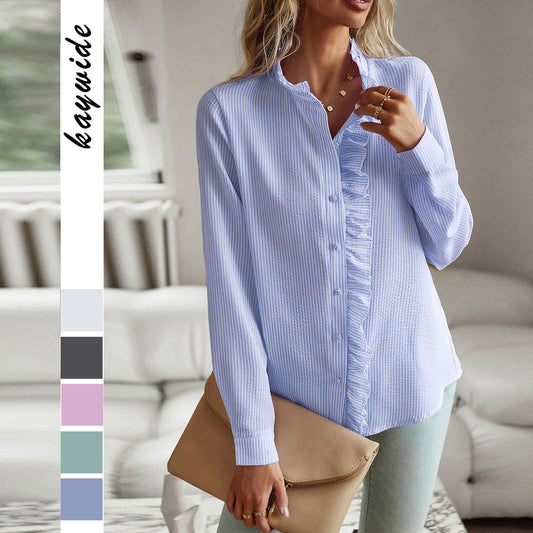 Dame elegant bluse med flæsedetaljer og knapliste Stilla