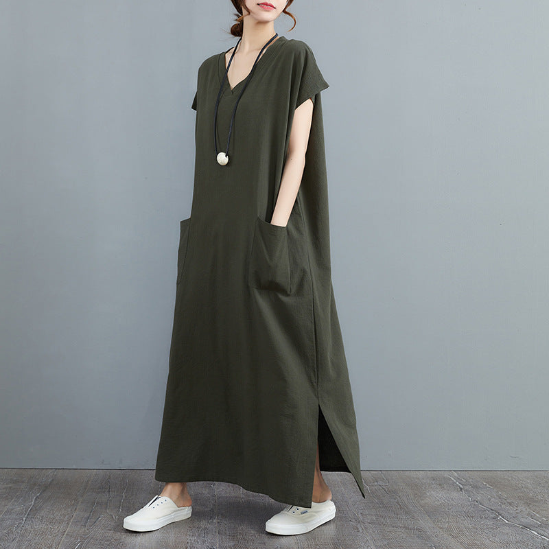 Dame afslappet maxikjole med V-udskæring og praktiske lommer Stilla