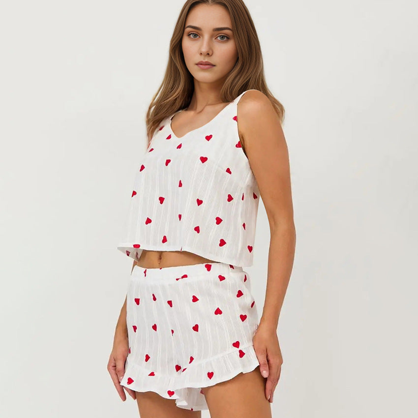 Dame Cropped Top og Shorts Sæt med Hjerte Motiver og Rynke Detaljer Stilla