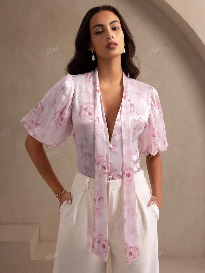 Dame elegant bluse med blomstertryk Stilla