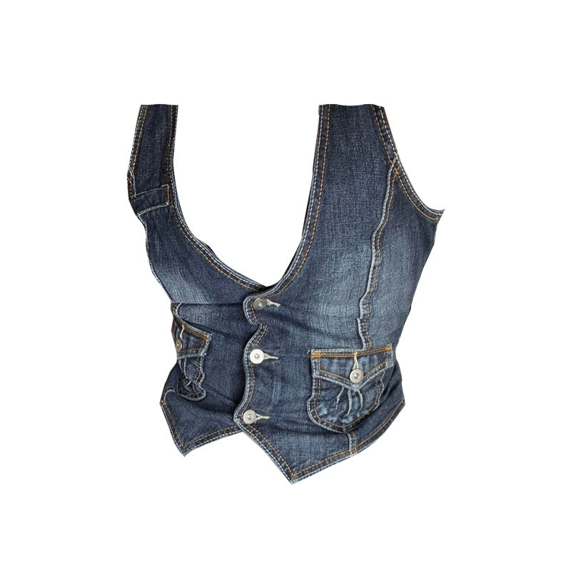 Dame Denim-korset med spidsdetaljer og unik snit Stilla