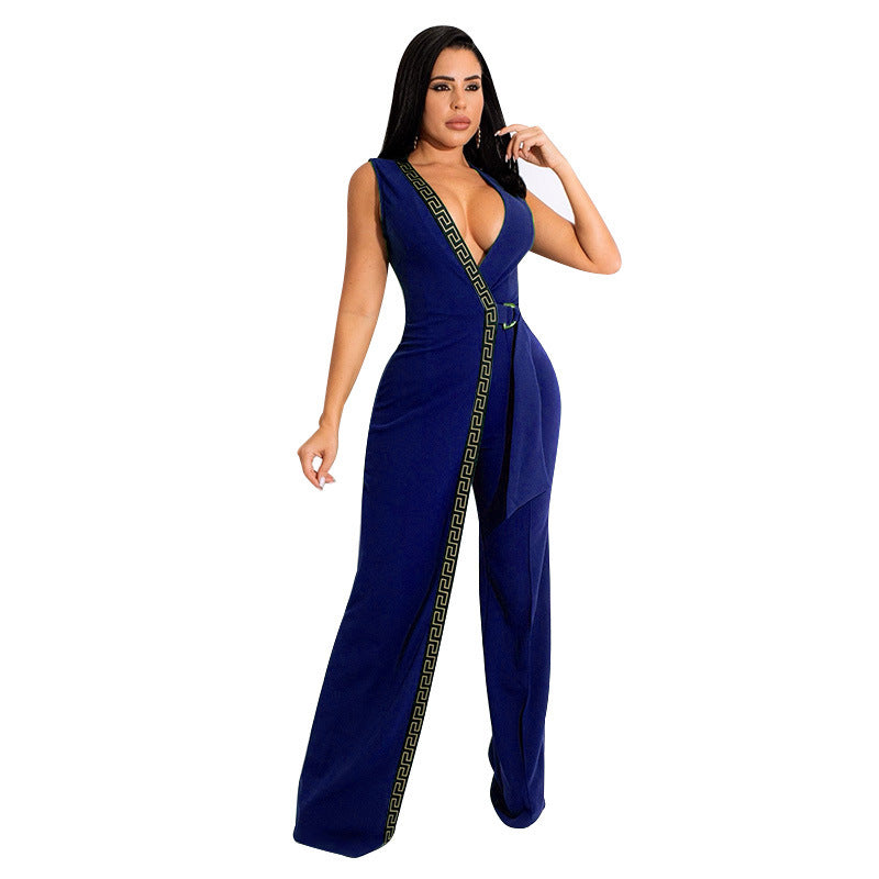 Dame Mode Jumpsuit med dyb V-udskæring og sidelæns bindebælte Stilla