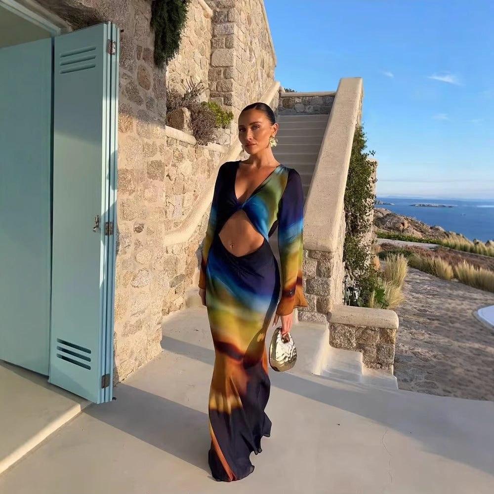 Dame Cut-Out Maxikjole med vidde ærme og smart design Stilla