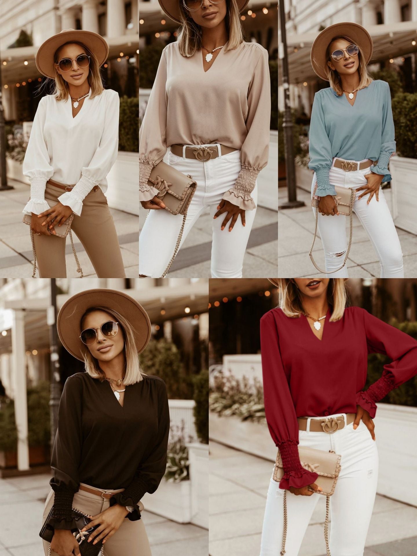 Dame elegant bluse med rufledetaljer og V-udskæring Stilla