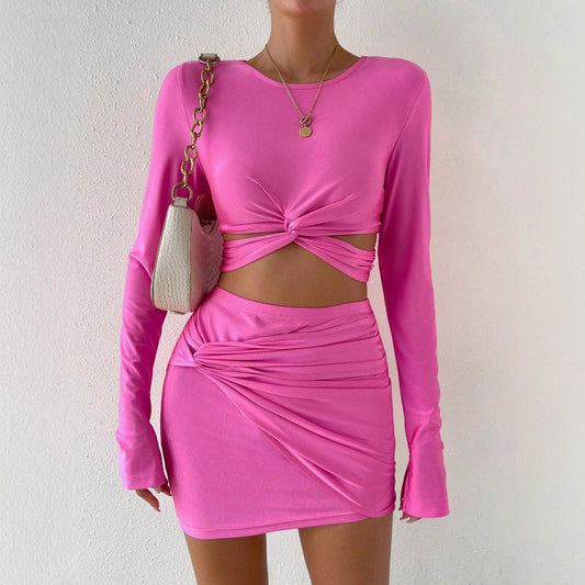 Dame Crop-Top og Wrap-nederdel sæt med lange ærmer Stilla