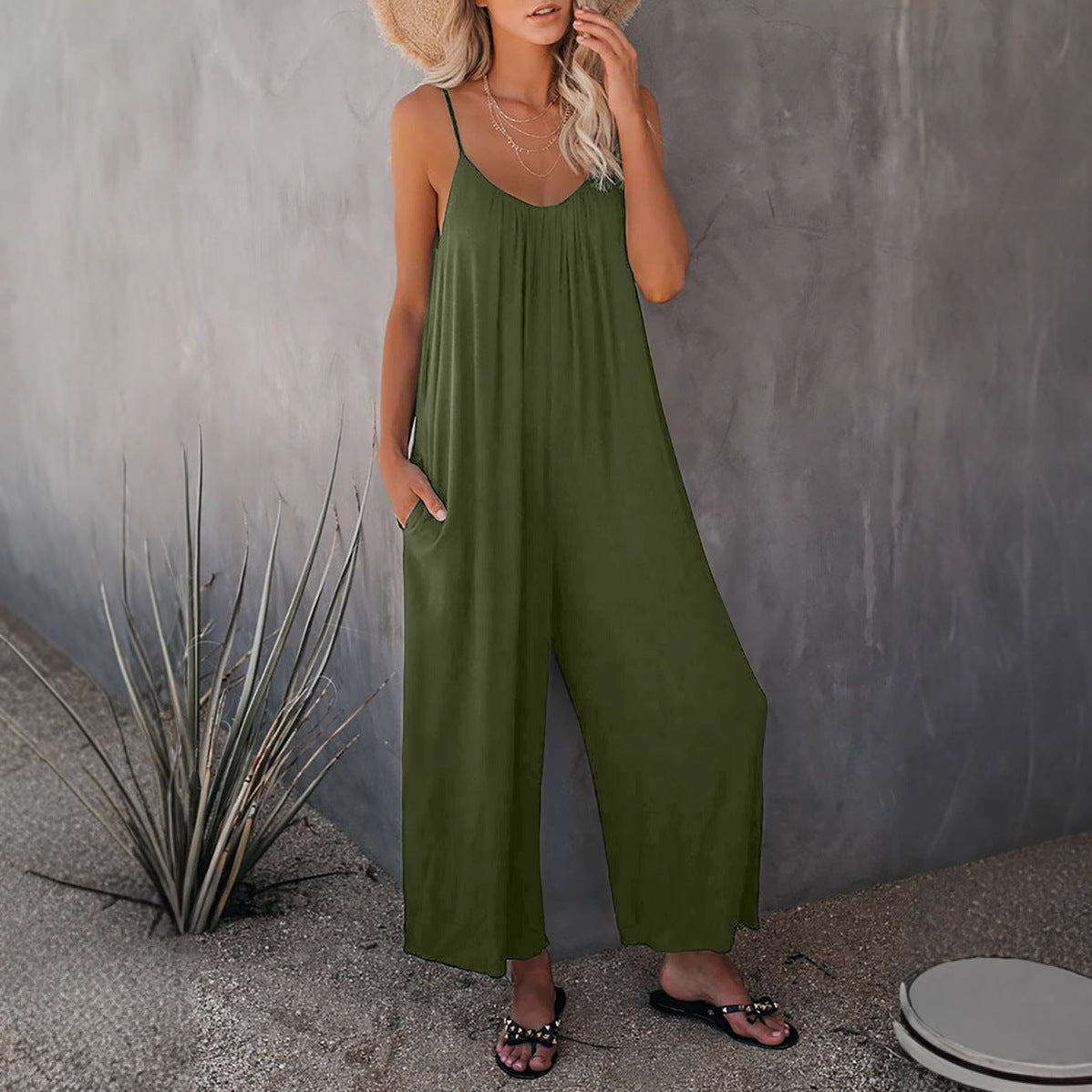 Dame Casual Bomulds-Jumpsuit med Spaghetti-stropper og sidelommer Stilla