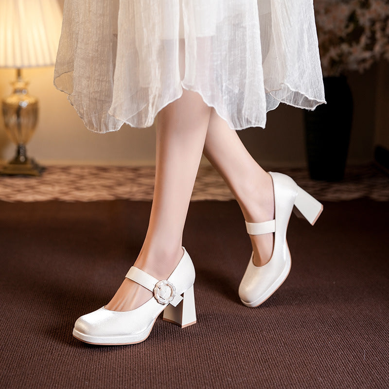 Dame Elegant Blokhæl Mary Jane Pumps med Dekorativ Perlelukning Stilla