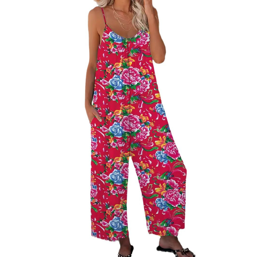 Dame Floral Print Bredbenet Jumpsuit Stilla