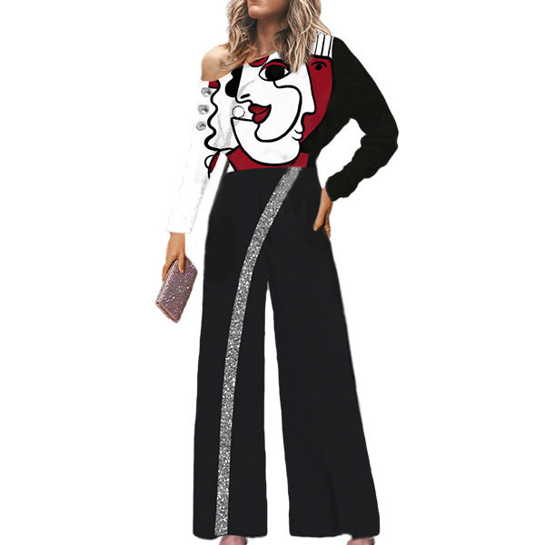 Dame En-sidet Off-Shoulder Jumpsuit med Glitterstriber Stilla