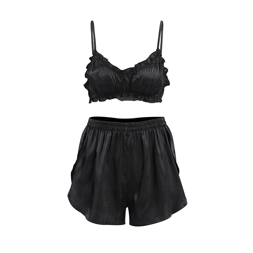 Dame Cropped Top og Shorts Sæt med elastisk talje og fine rynkedetaljer Stilla