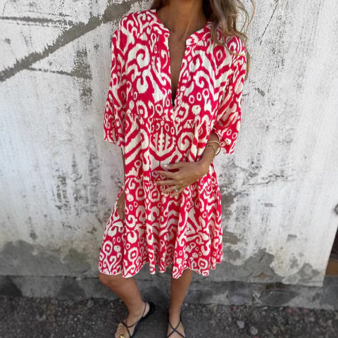 Dame afslappet bomulds kjole med V-udskæring og voluminøse ærmer Stilla