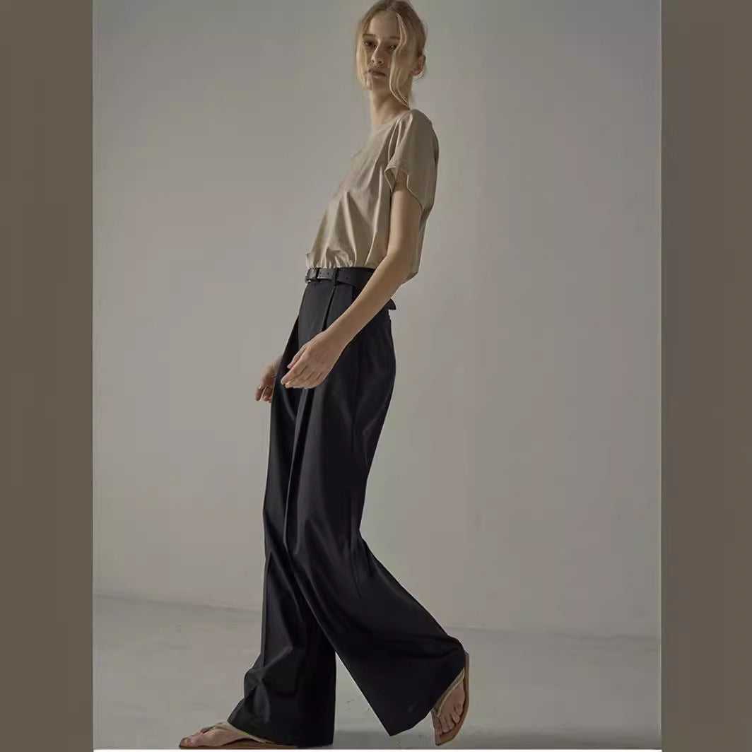 Dame elegant bred jakkesætsbukser med højliv og smart bælte Stilla