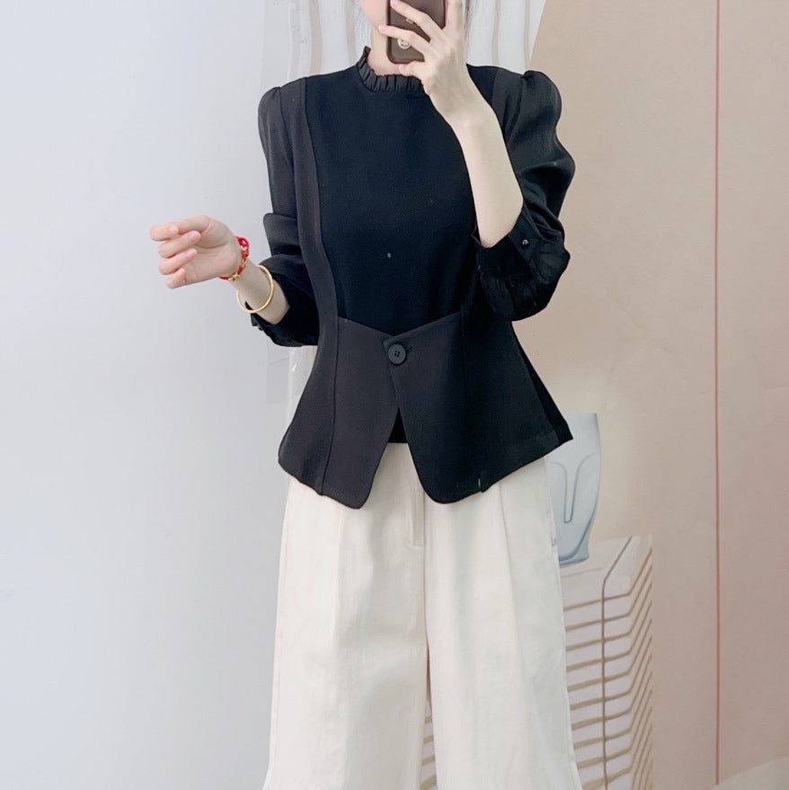 Dame elegant bluse med flæse detaljer og moderigtig knaplukning Stilla