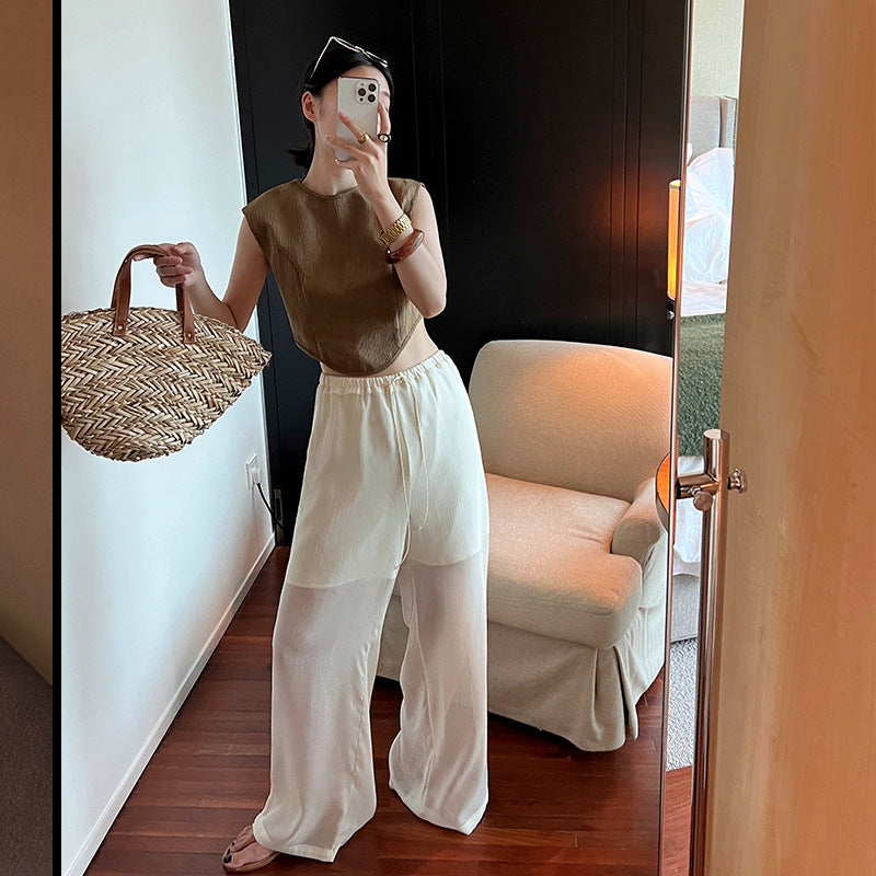 Dame afslappede Palazzo-bukser med elastisk talje og gennemsigtig overlay Stilla