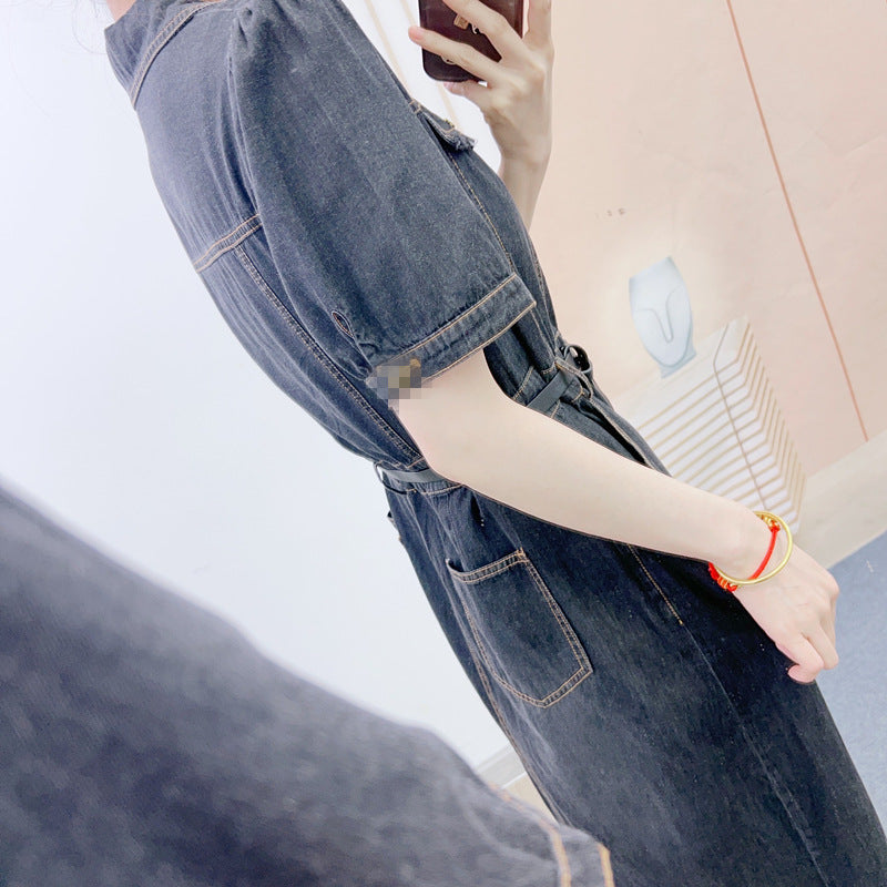 Dame Denim Kjole med taljerbar bælte og elegante lommer Stilla