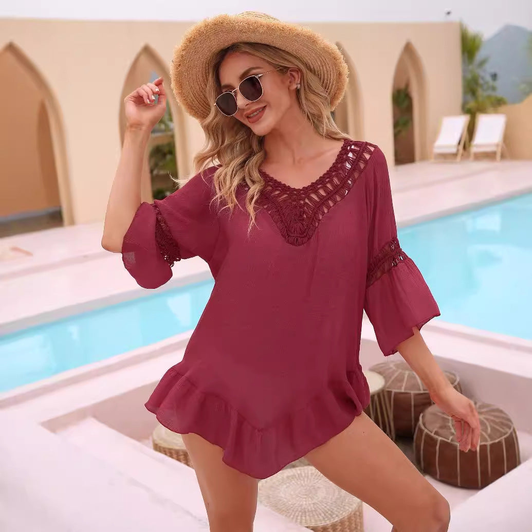 Dame afslappet strandovertræk med kunstnerisk hækle mønster og frynset detaljer Stilla