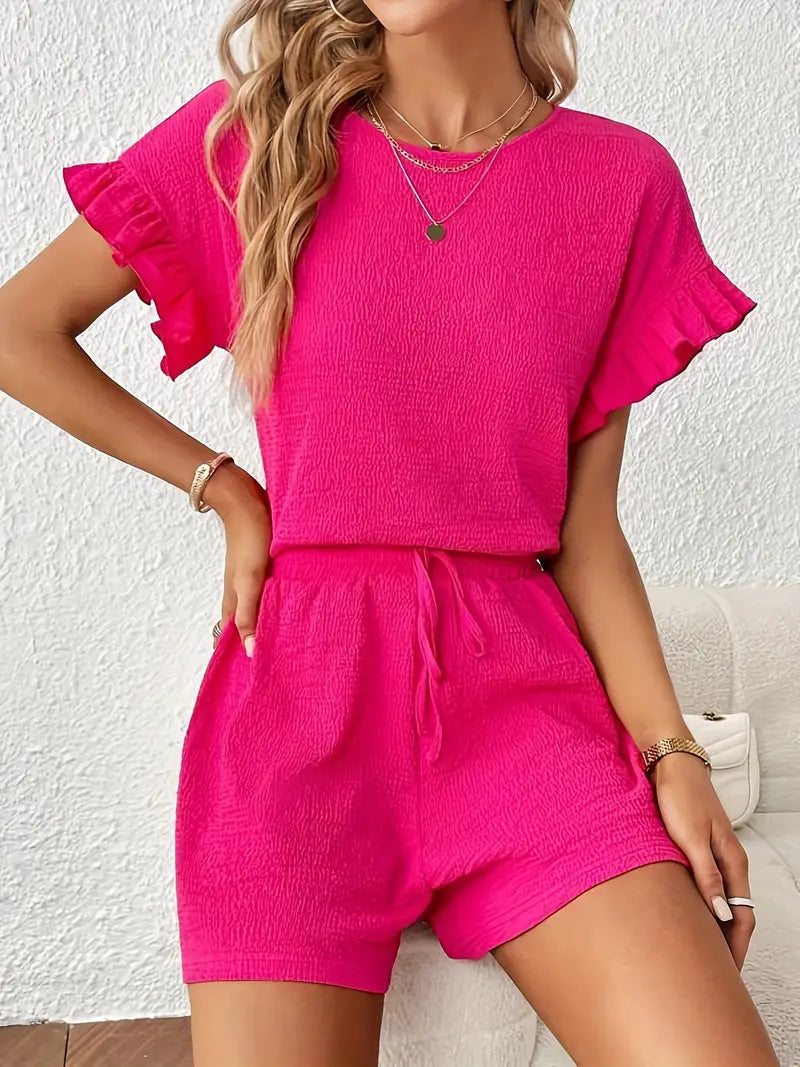 Dame luftig kort jumpsuit med flæsebesatte ærmer Stilla