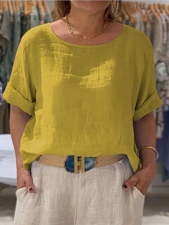 Dame afslappet linnedbluse med oppadgående ærmer og bred pasform Stilla