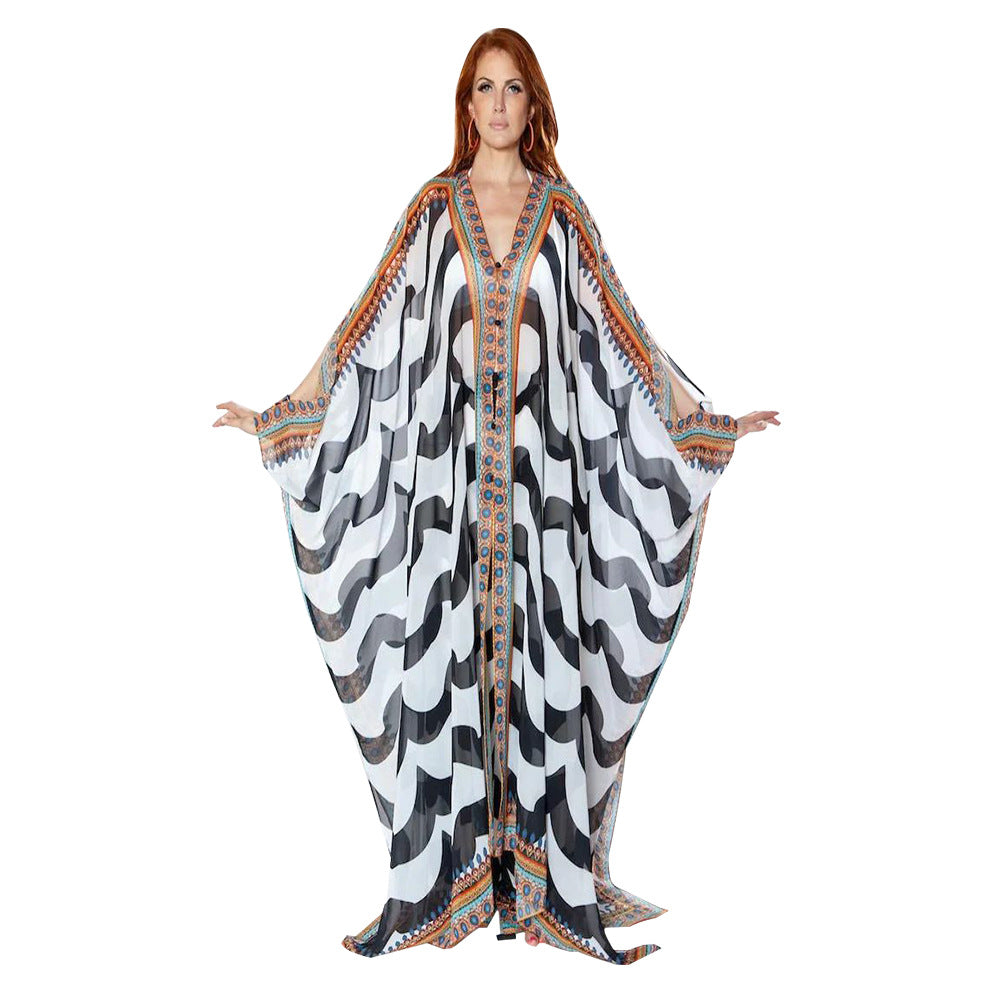 Dame Strand-Kimono med kunstnerisk slange motiv og vide ærmer Stilla