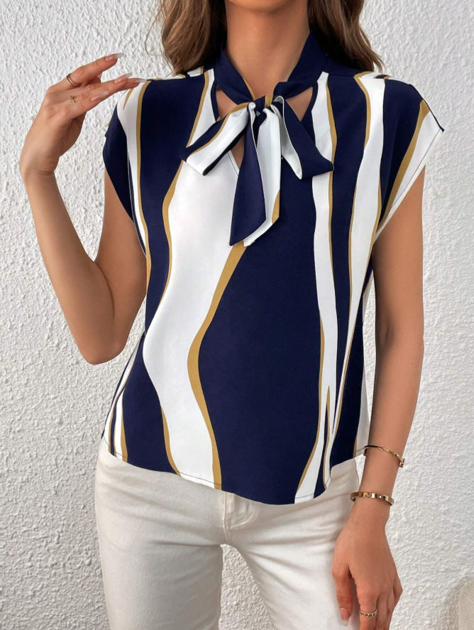 Dame elegant blusenshirt med mode sløjfekrave og grafisk mønster Stilla