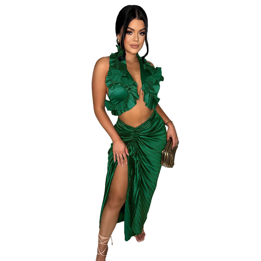 Dame Elegant Draperet Sæt med Flæse-Top og Maxi-Nederdel Stilla