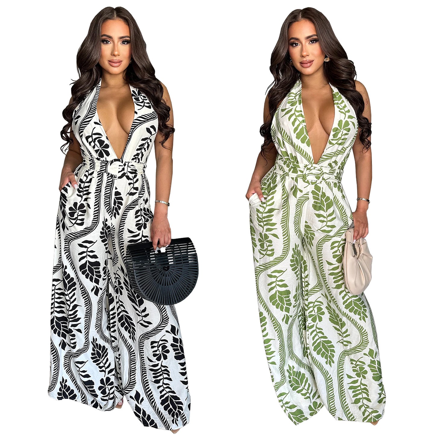 Dame Elegant og luftig Jumpsuit med dyb udskæring og blomstermuster Stilla