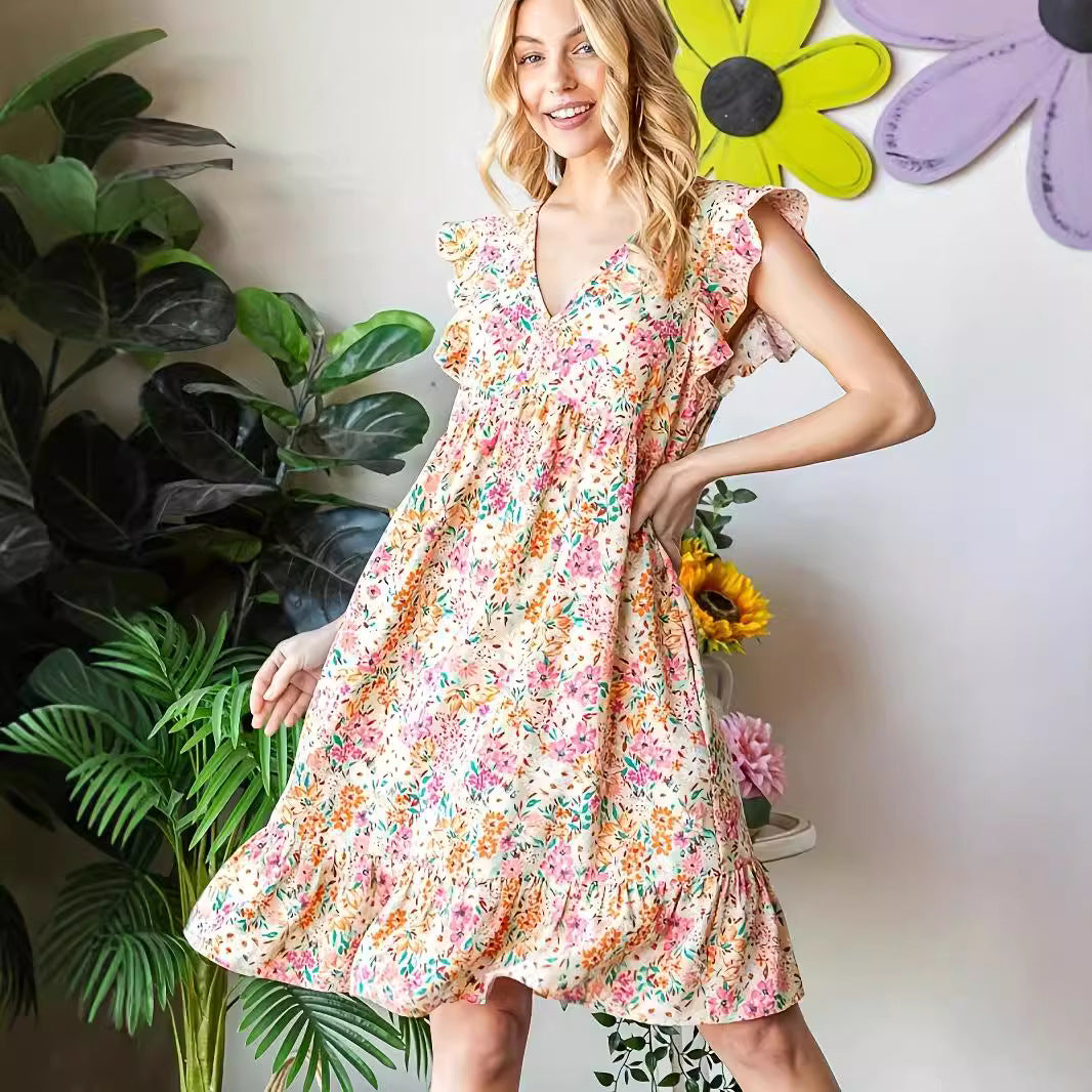 Dame Elegant blomstermønster sommerkjole med flæseudskæringer Stilla