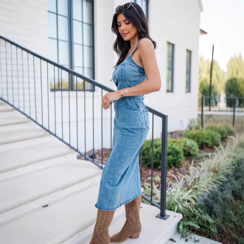 Dame Denim-Midi kjole med figursyet snit og praktiske lommer Stilla