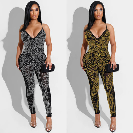 Dame Funklende Jumpsuit med gennemsigtigt design og luksuriøse rhinestones dekorationer Stilla