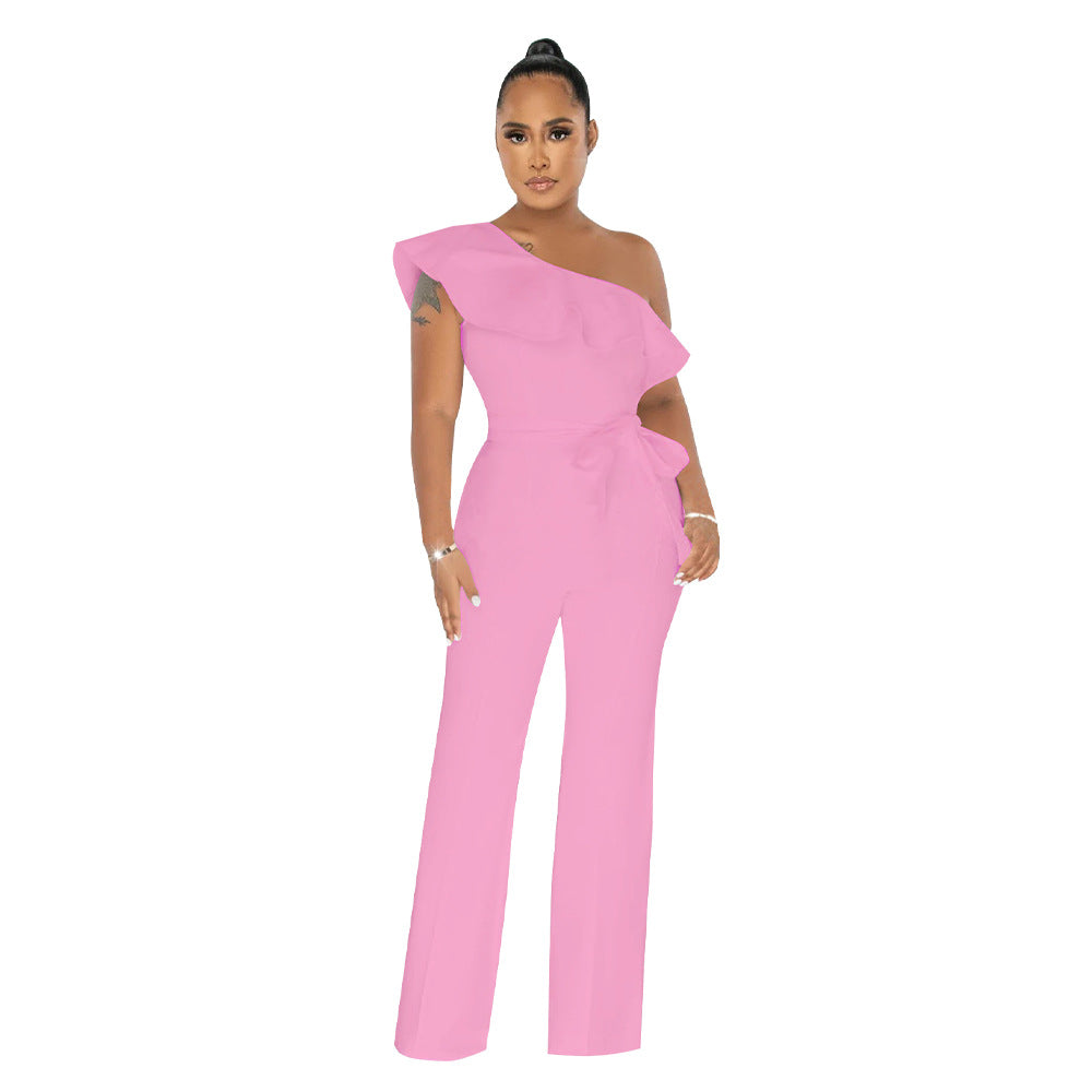 Dame Elegant One-Shoulder Jumpsuit med Rynke Detaljer og Taljebælte Stilla