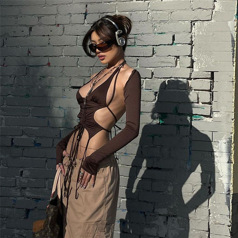 Dame Cropped top med innovativt snøre-design og lange ærmer Stilla