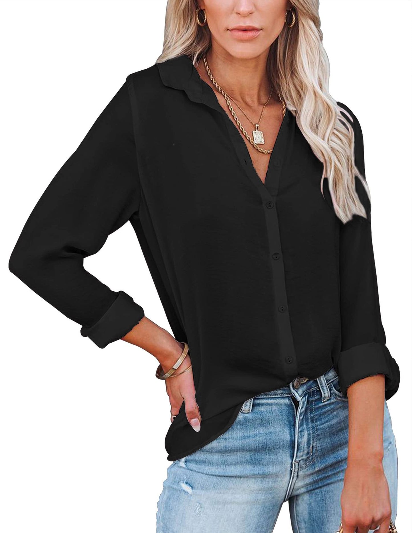 Dame afslappet bluse med gennemgående knaplukning Stilla