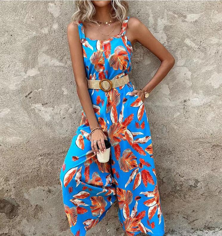 Femme Floral Print Jumpsuit med justerbare stropper og bælte Stilla