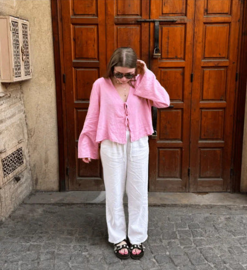 Dame afslappet linnedjakke med knudeåbning Stilla