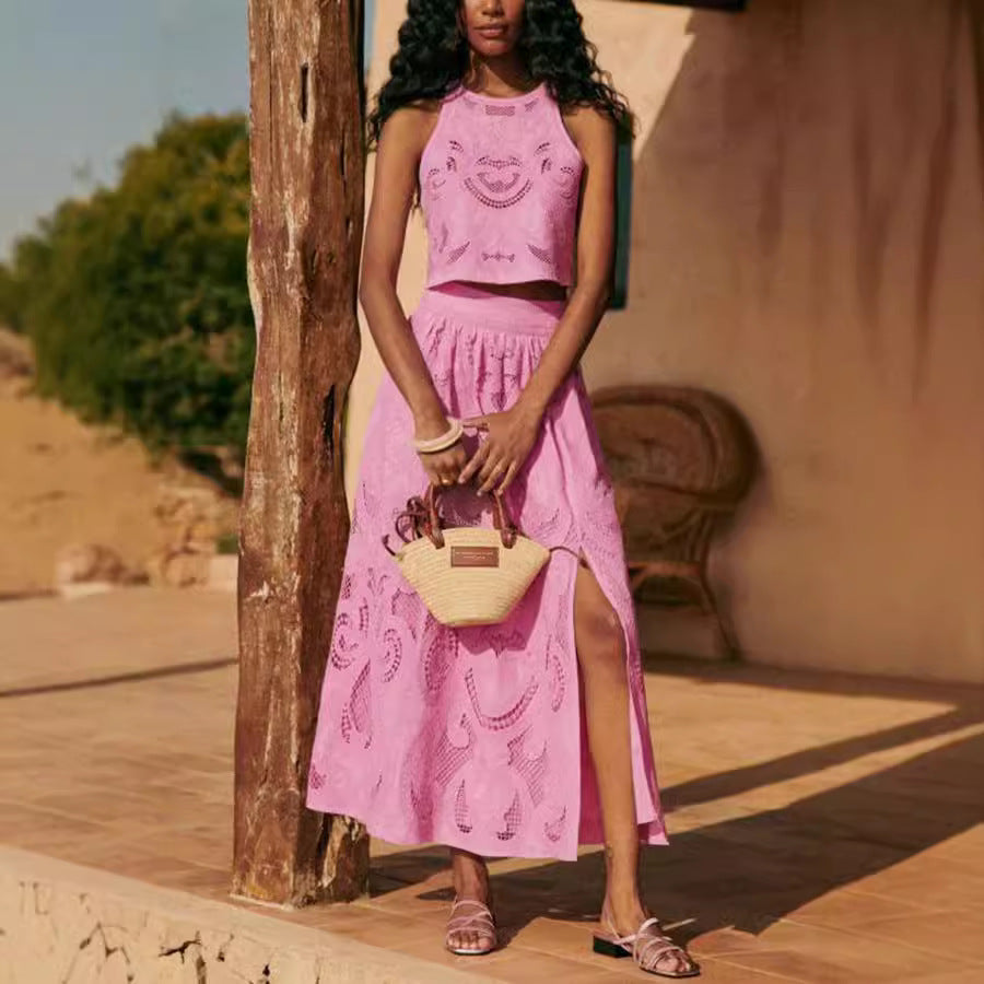 Dame Crop-Top og Maxiskørt Sæt med elegant Hæklemønster Stiila