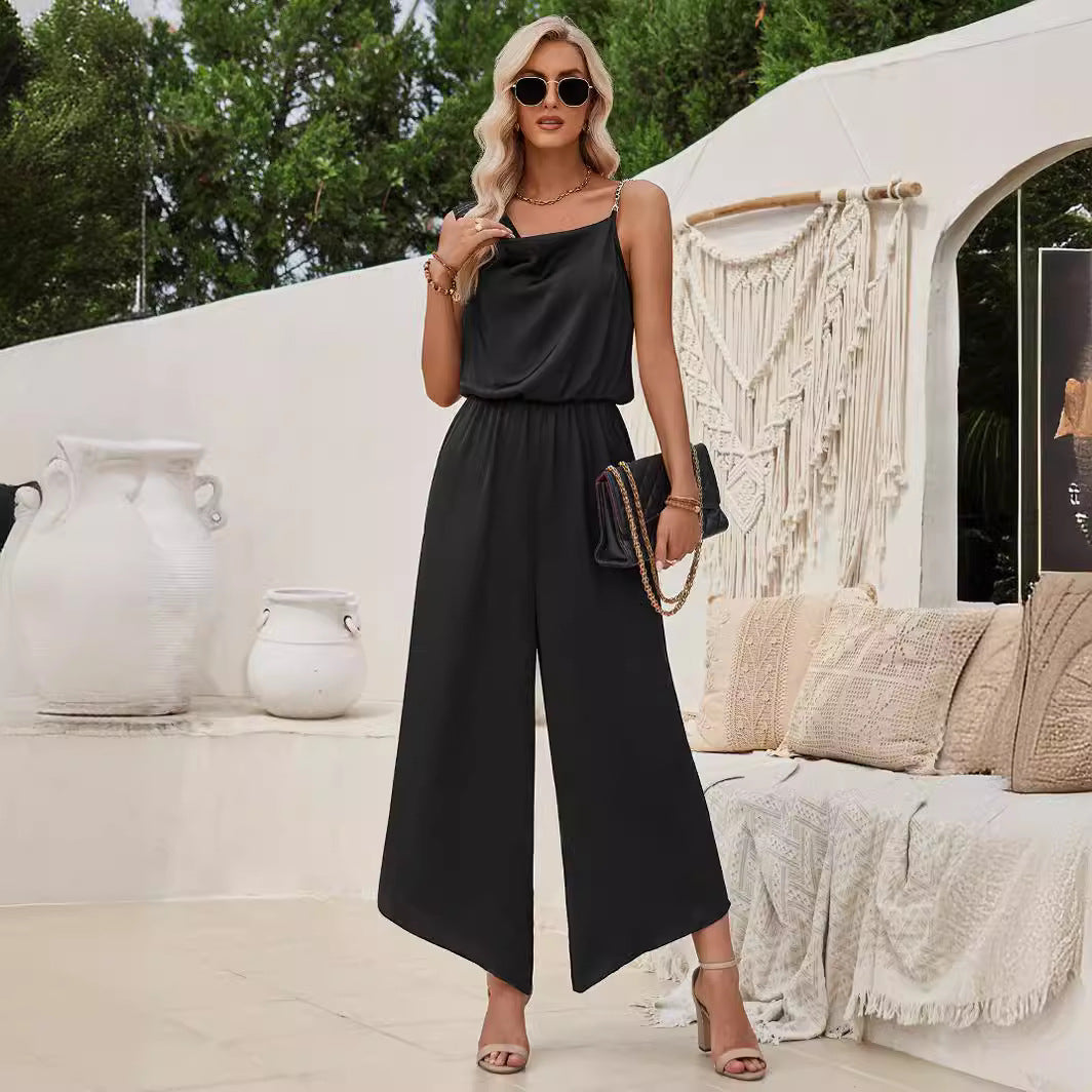 Dame elegant Jumpsuit med asymmetrisk udskæring og bredt ben Stilla