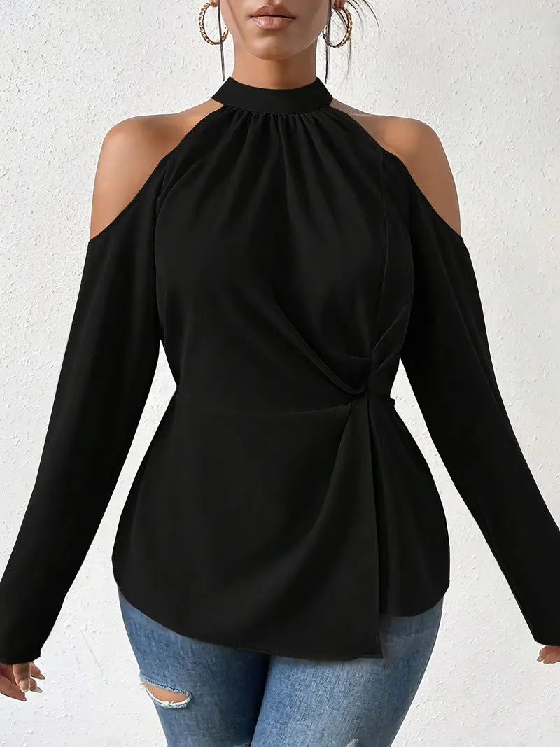 Dame Elegant Bluse med skulderfri detaljer og indpakningsdesign Stilla