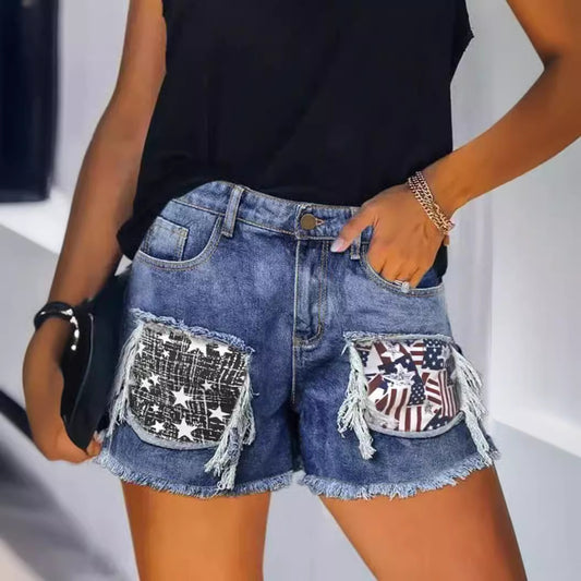 Dame Destroyed Denim-Shorts med modish lommer og frynset kant Stilla