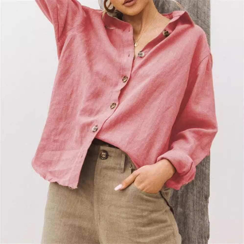 Dame afslappet linned bluse med knaplukning og løs pasform Stilla