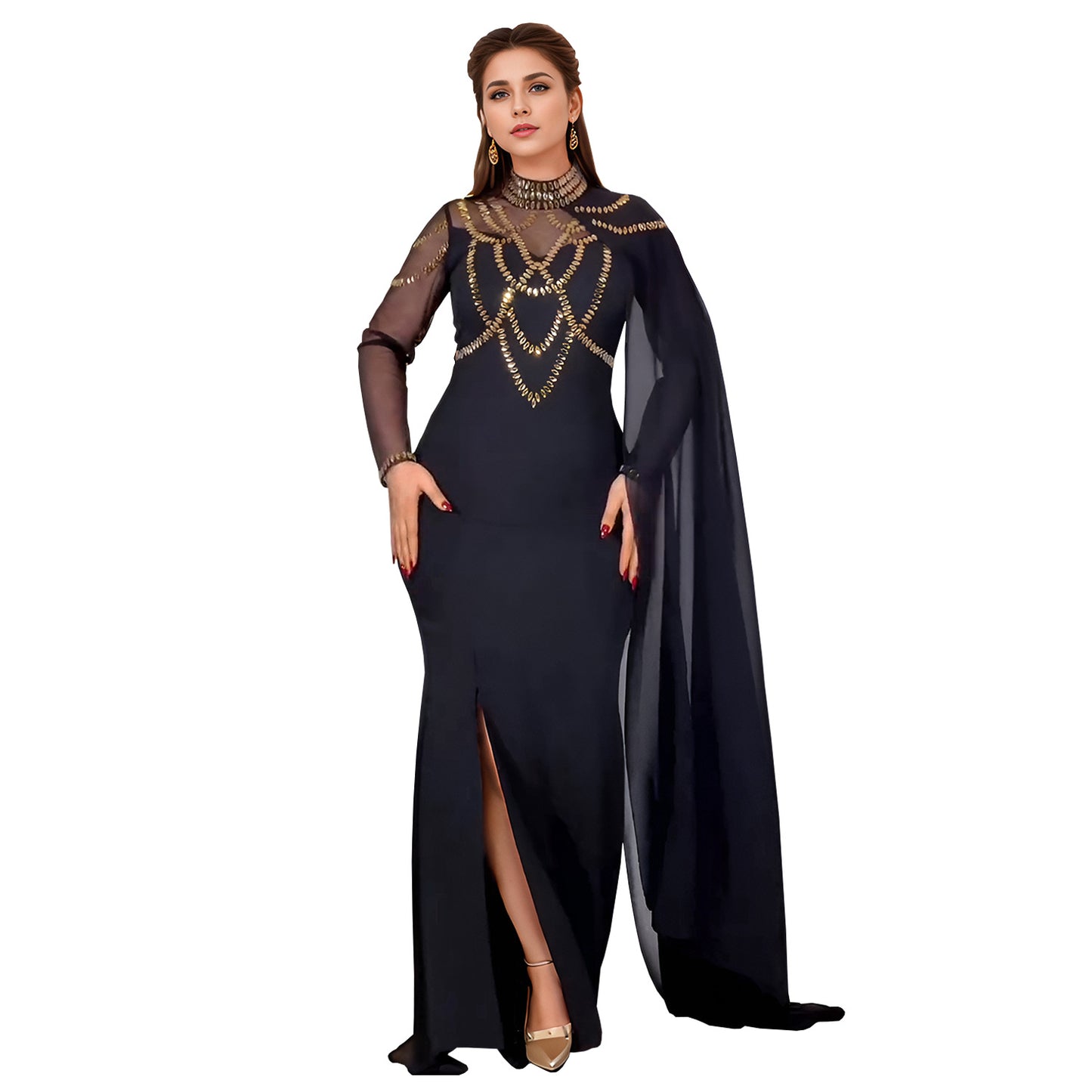 Dame Elegant aftenkjole med gennemsigtige ærmer og glitrende palietter Stilla