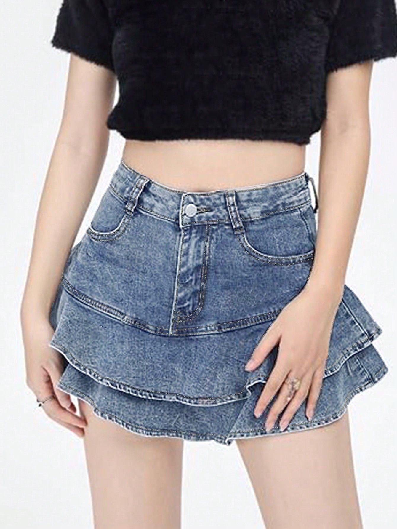 Dame Denim Skirt med svingende lagdesign Stilla