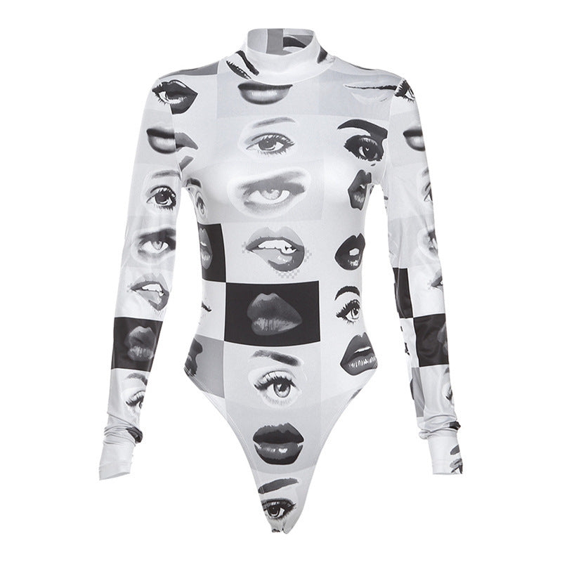 Dame bodysuit med kreativt ansigtsmønster og højhalset krave Stilla