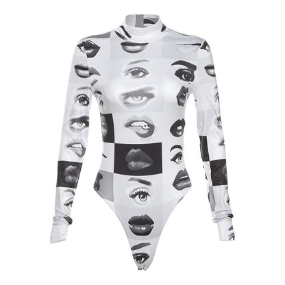 Dame bodysuit med kreativt ansigtsmønster og højhalset krave Stilla