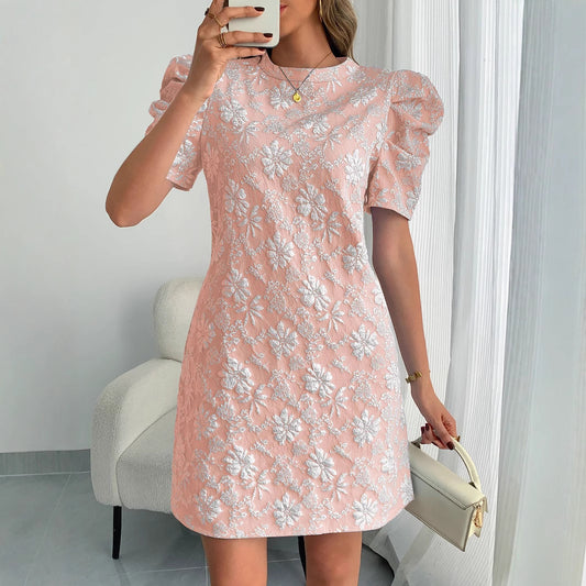 Dame elegant brudselskabskjole med puffærmer og blomstret broderimønster Stilla