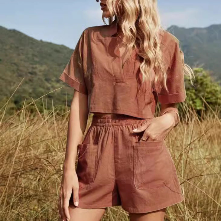 Dame afslappet kortærmet sæt med elastisk talje og praktiske lommer Stilla