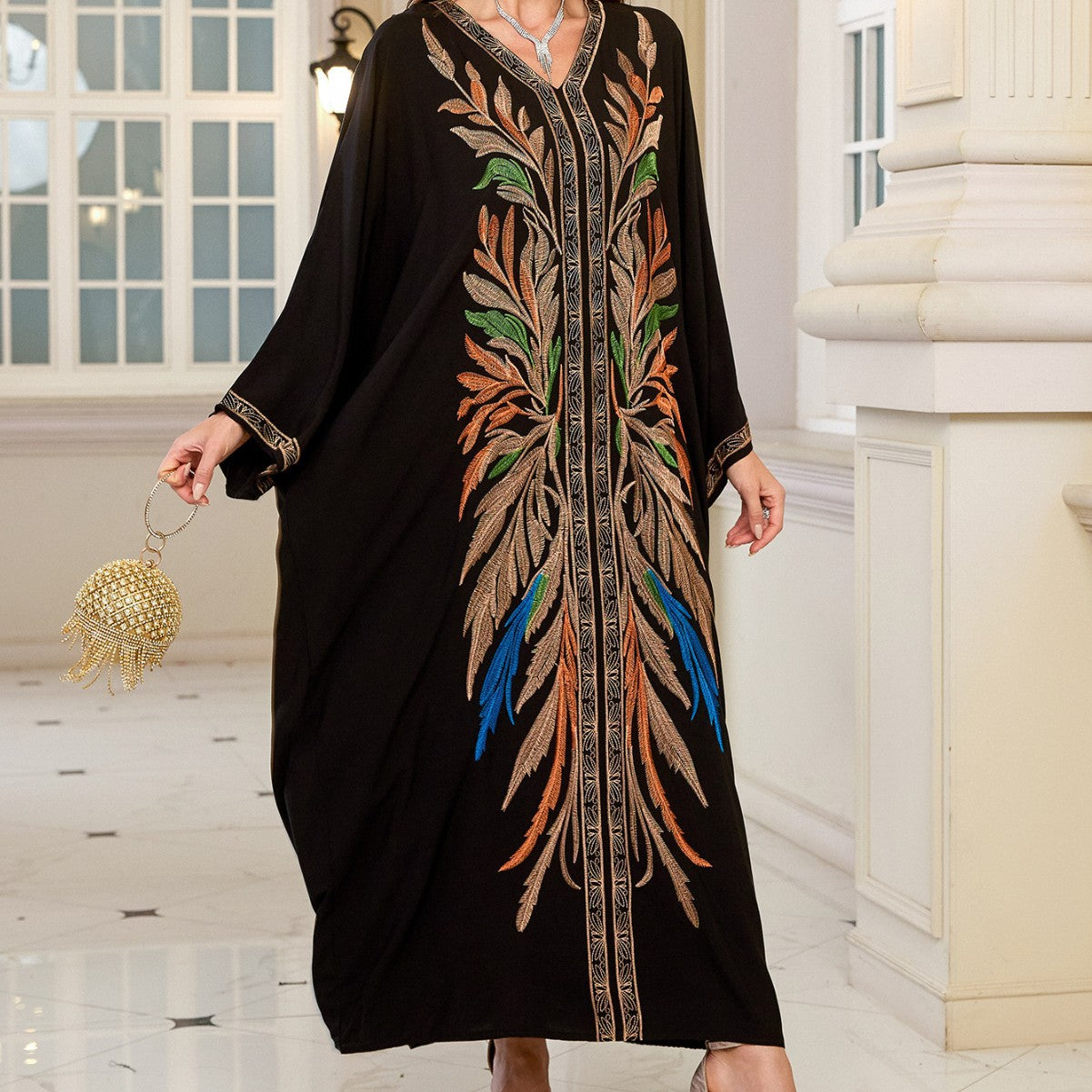 Dame Elegant broderet Kaftan med brede ærmer og V-udskæring Stilla