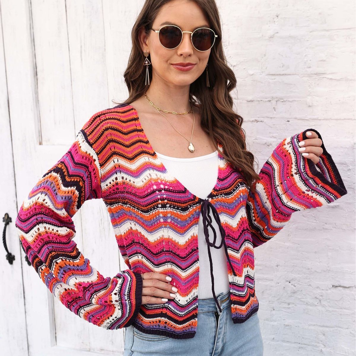 Dame cropped strikjakke med farvemæssigt varieret bølgemønster Stilla