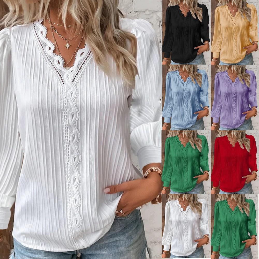 Dame Plisseret Bluser T-shirt med romantiske Spidsdetaljer Stilla