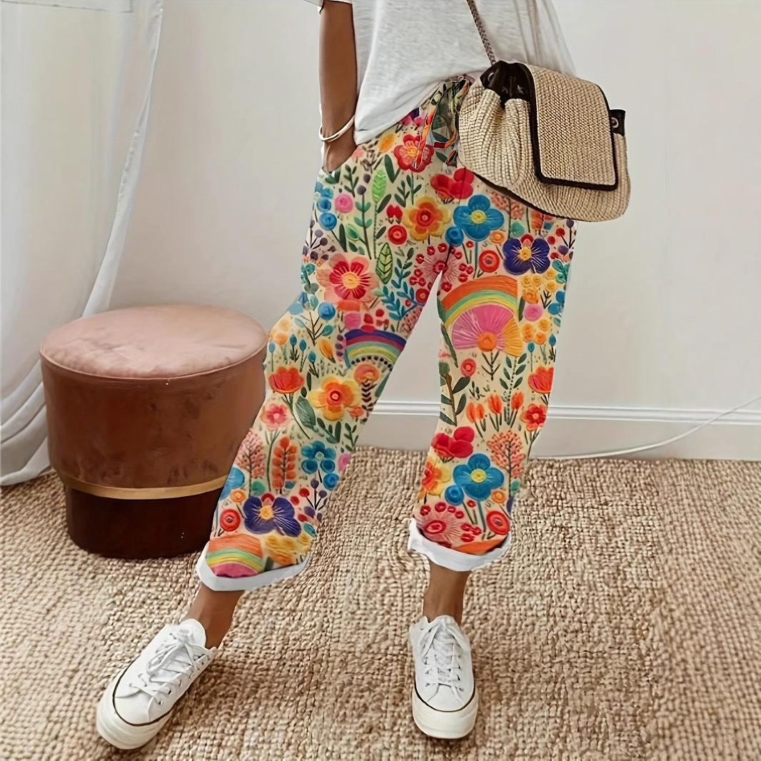 Dame dagbukser med farverige blomstermotiver og løs pasform Stilla