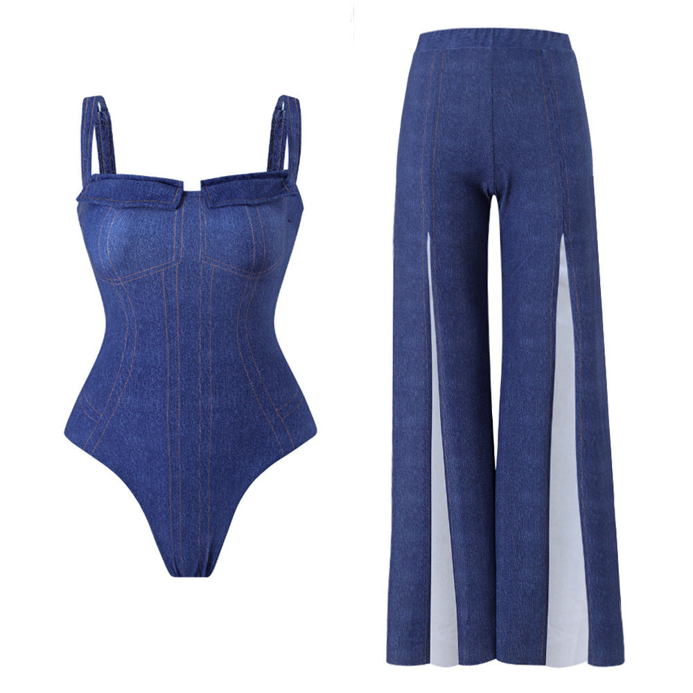 Dame Denim-kjole med bred bukseområde Stilla